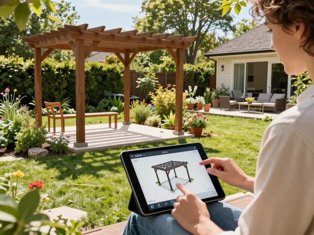 3D Pergola Configurator in use, showcasing a person designing a pergola in a lush garden setting.