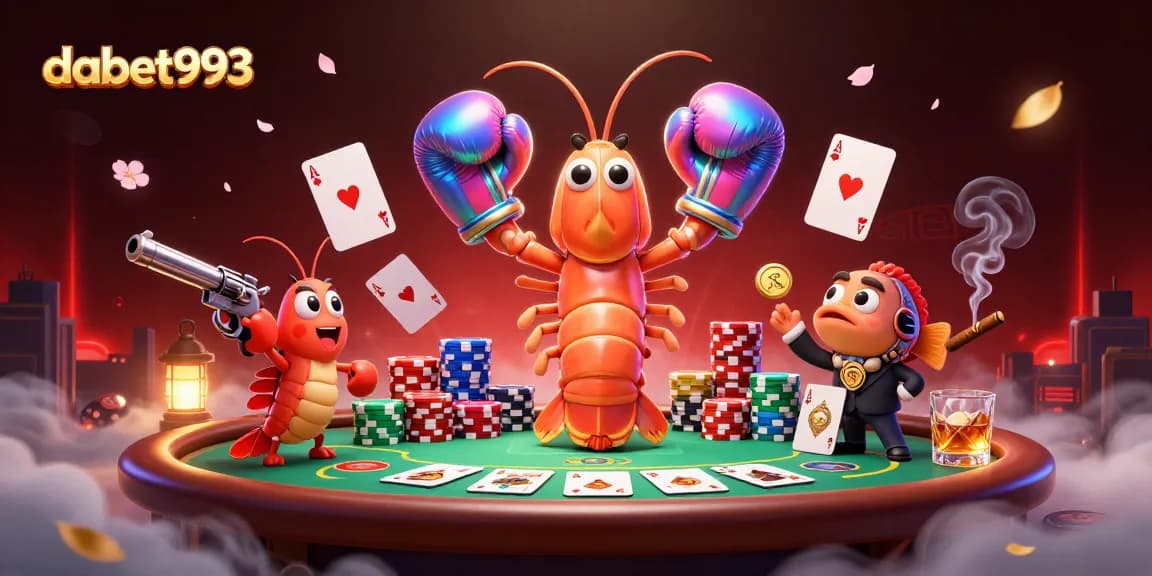 Dabet993 showcases a 3D mantis shrimp boxer at a dynamic poker table amidst vivid gaming elements.