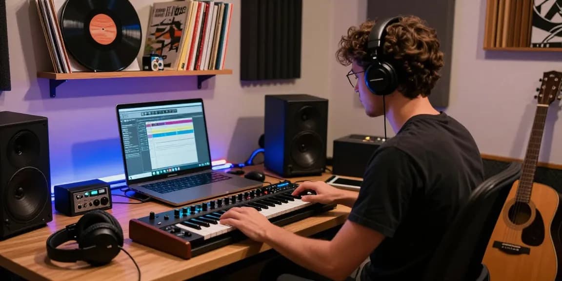 Musician using SC88 sound module in a vibrant home studio.
