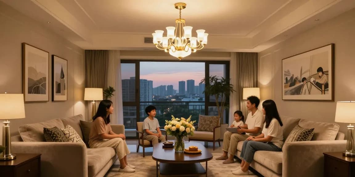 Candelabru living elegant în interiorul unui living modern, iluminare caldă și atmosferă primitoare.