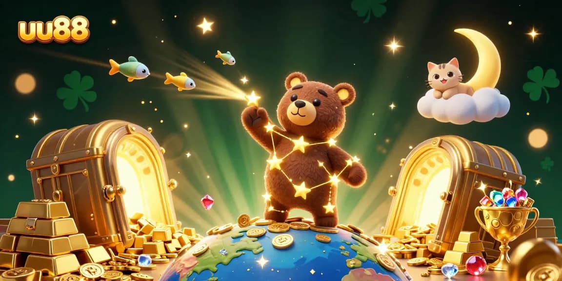Experience thrills at uu88 with a captivating 3D digital casino scene featuring a constellation bear, treasures, and cosmic elements.