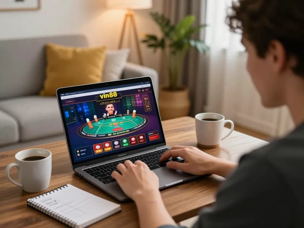 Engaging home setup with a player focused on vin88 online poker game, cozy atmosphere.