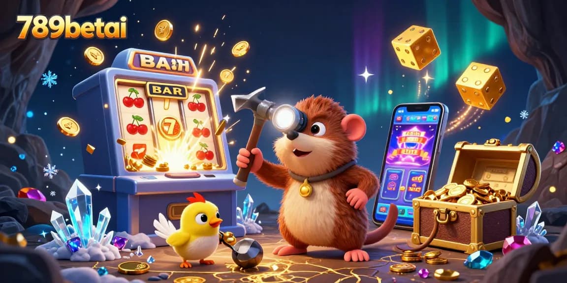 Enjoy a thrilling scene of 789betai's vibrant gambling world with a treasure hunter and casino elements.