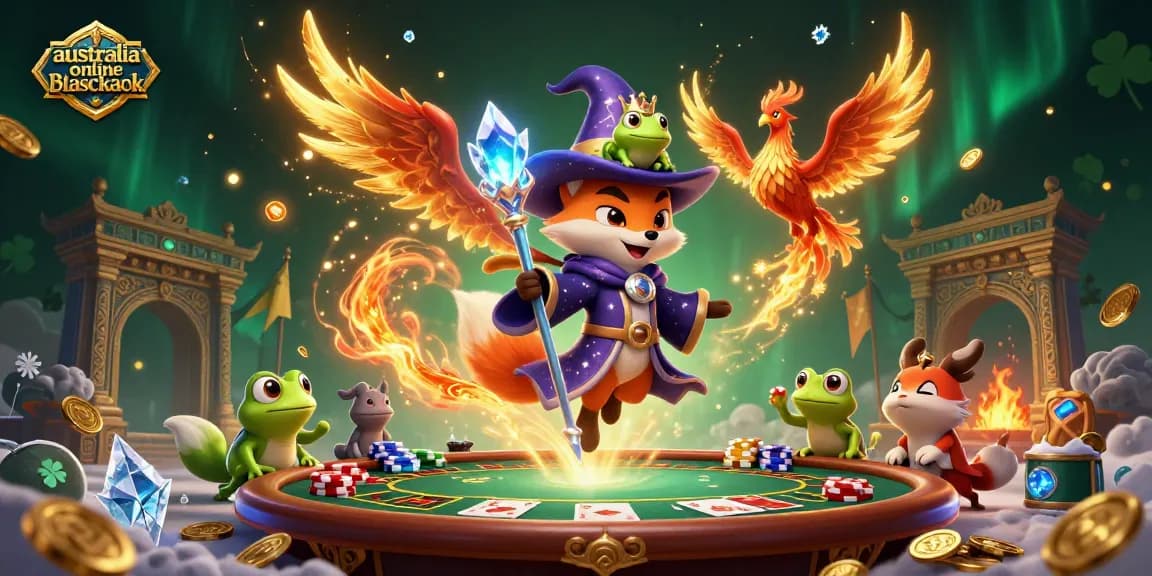 Engage in australia online blackjack with an exciting scene featuring mystical characters and rich casino elements.