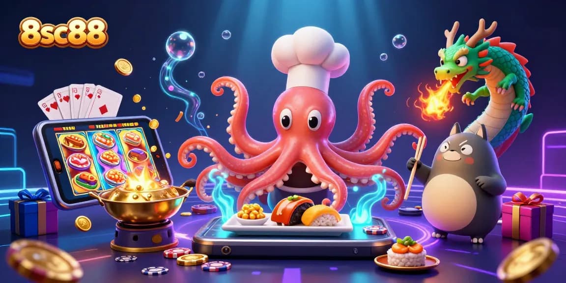 Win big at 8sc88 with cartoon characters in a vibrant casino setting filled with slot games and prizes.