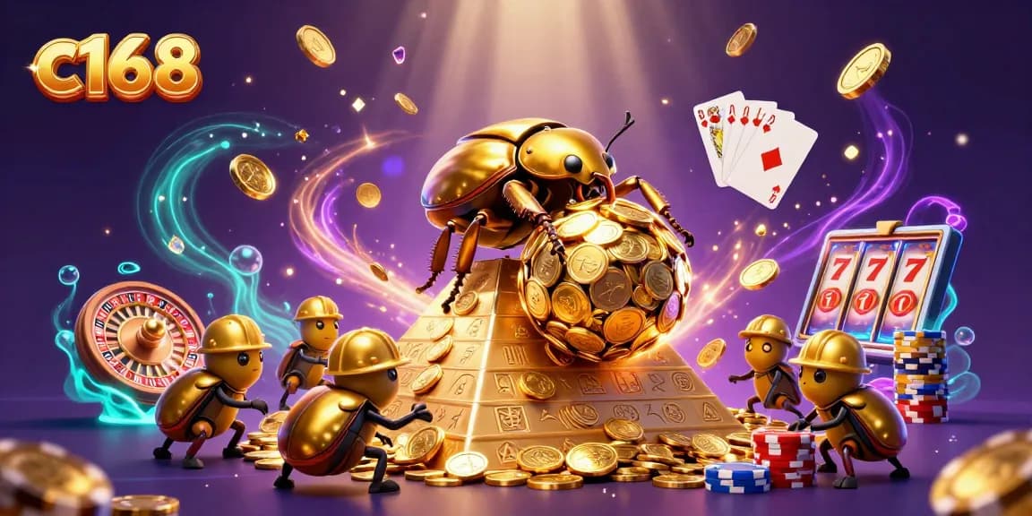 Experience vibrant casino energy with c168's golden beetle illustration rolling coins.