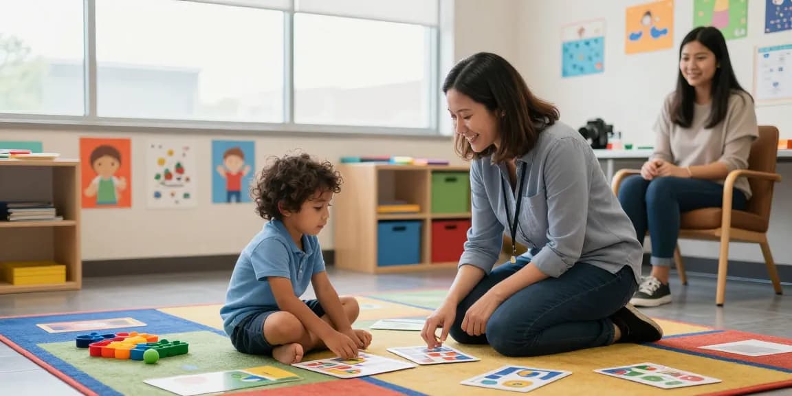 Engaging classroom scene showcasing ABA services Burlington with a therapist and child in a supportive learning environment.