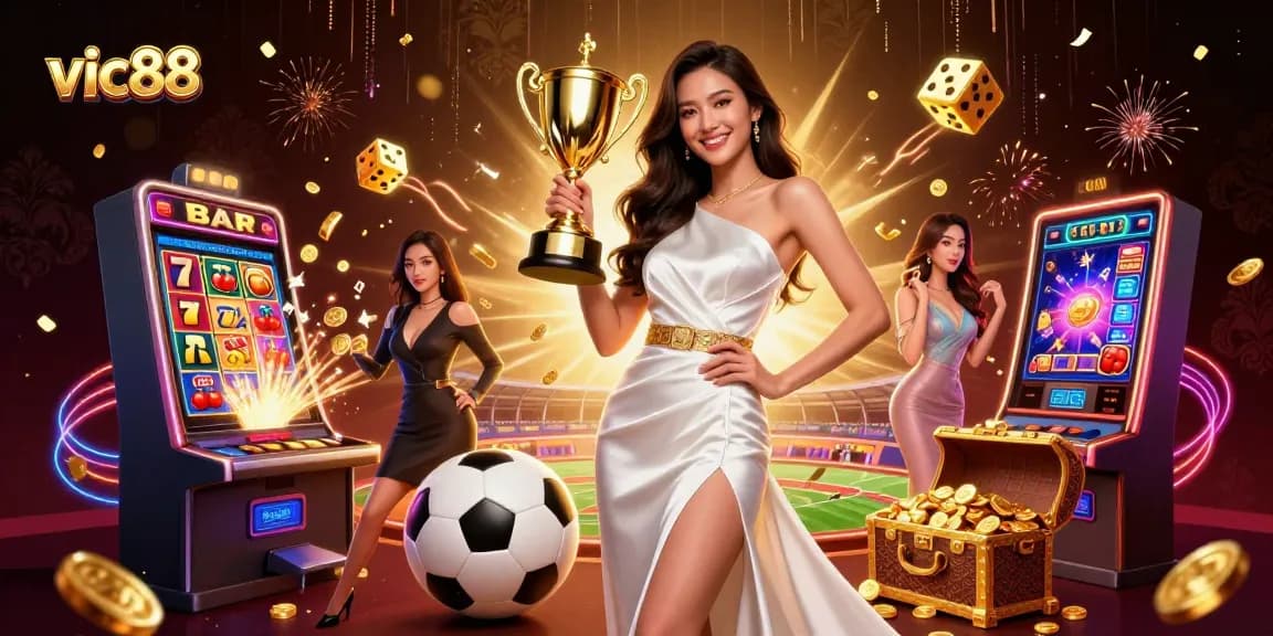 Experience the thrill of vic88 casino with an Asian woman winning a trophy amidst a jackpot explosion.
