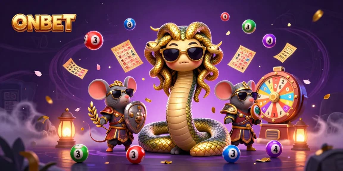 Engage in ONBET's thrilling experience with Medusa and the warrior mouse surrounded by vibrant lottery elements.