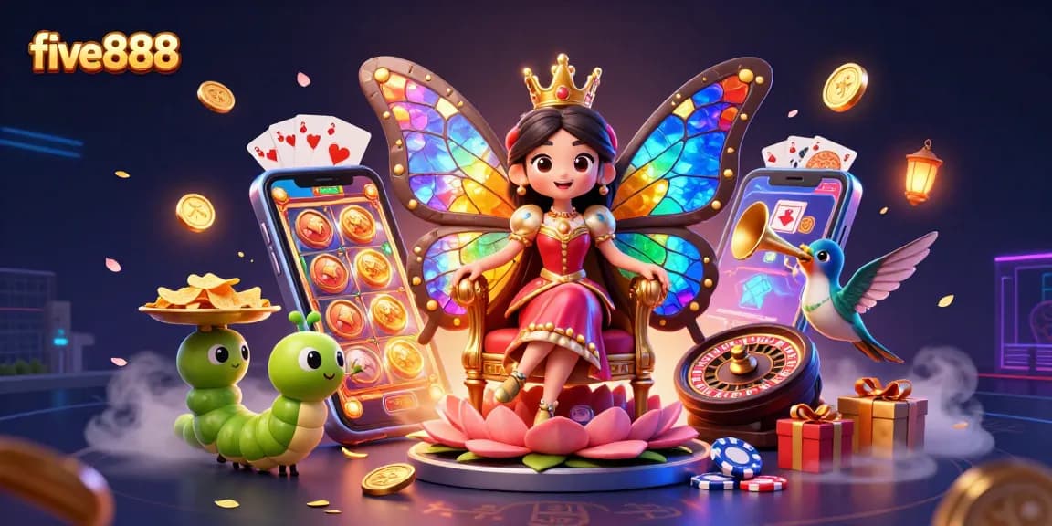 Bet on colorful slots with five888's vibrant 3D fantasy illustration featuring a butterfly queen.