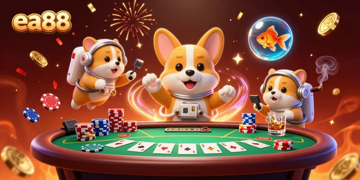 Experience fun with ea88 in a 3D space casino as a corgi floats amid poker chips and gold coins.