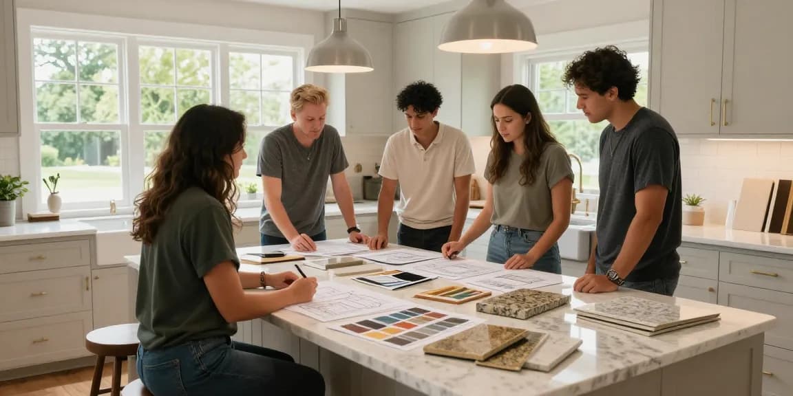 Custom countertops Hamilton design consultation with professionals showcasing quartz and granite samples in a bright kitchen space.