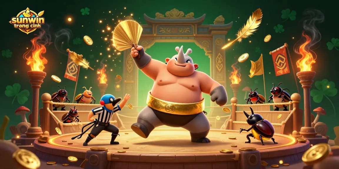 Engaging scene featuring the sunwin trang chính with a rhinoceros beetle champion, flying coins, and vibrant casino elements.
