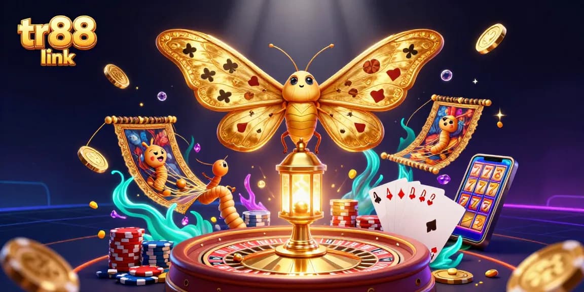 Engage with tr88 link in this vibrant casino scene featuring a moth, golden coins, and a roulette wheel.