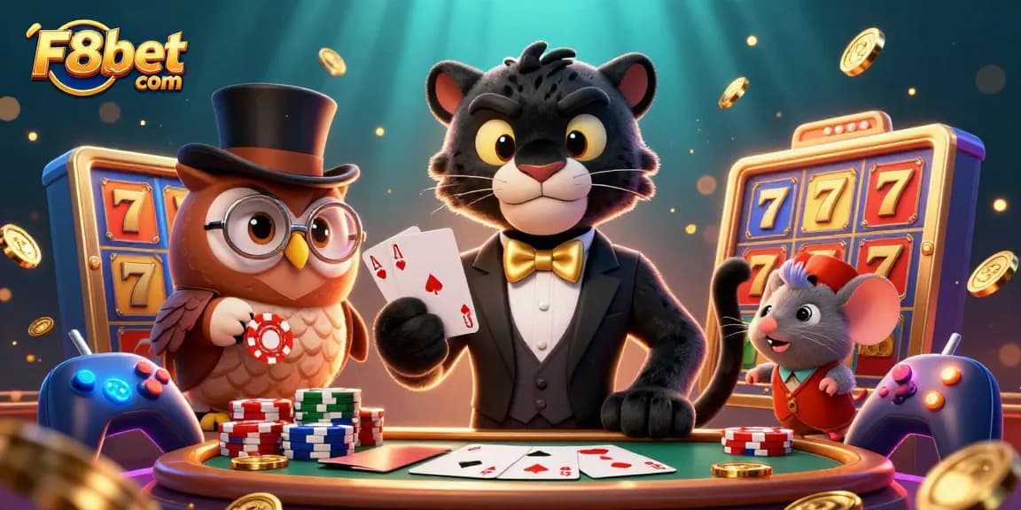 Join the fun at F8bet com with a stylish black panther dealer surrounded by playful characters and vibrant game elements.