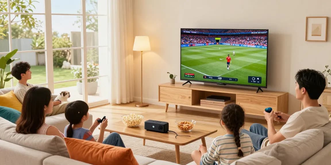 Family enjoying IPTV streaming in a cozy living room, showcasing smart TV and snacks.