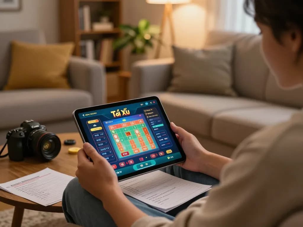Engaging with app tài xỉu on a tablet during a relaxed night at home.