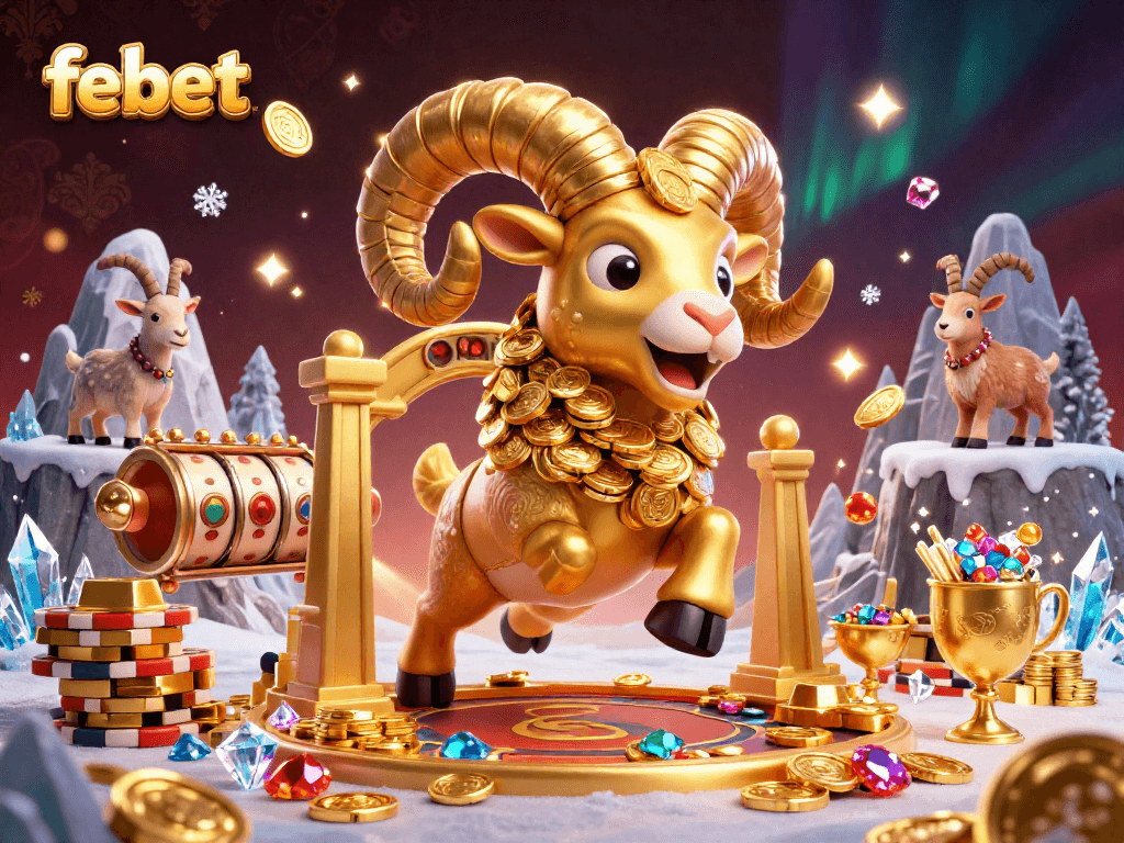 Experience the excitement of febet with a 3D golden ram charging through a dazzling casino scene filled with treasures.