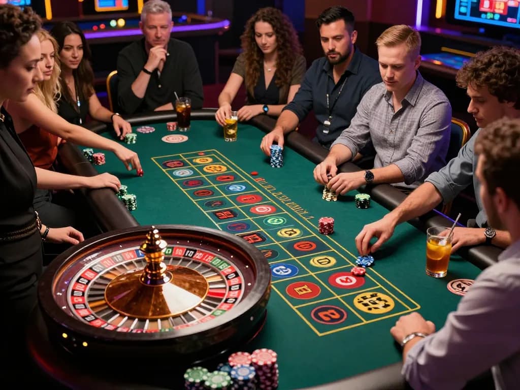 Players engaging with the roulette wheel at sunwingo casino, capturing the excitement of strategic betting.