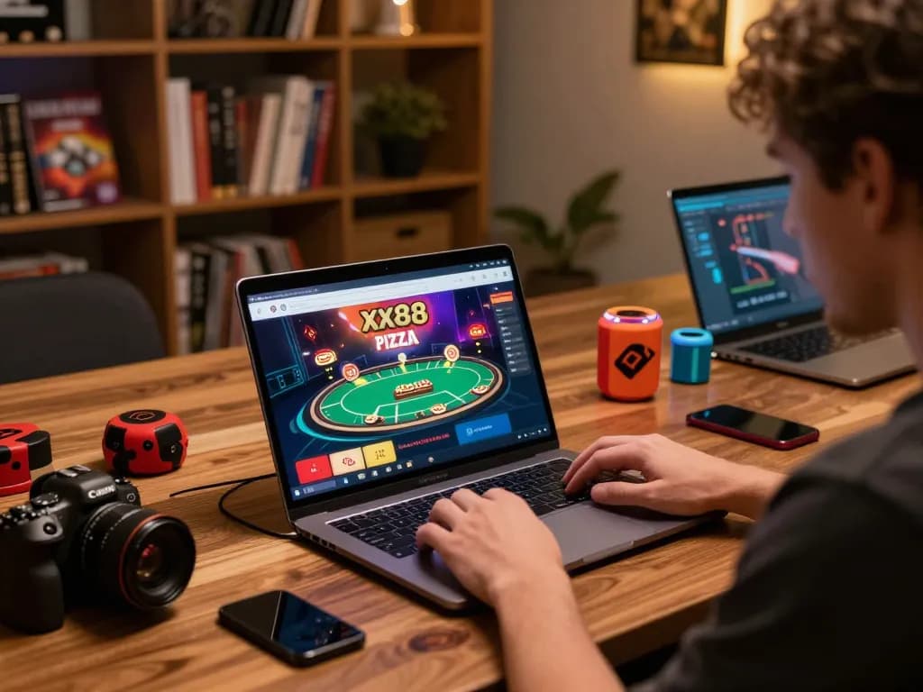 Engaging in online gambling at xx88 pizza with a cozy home atmosphere and vibrant gaming screen