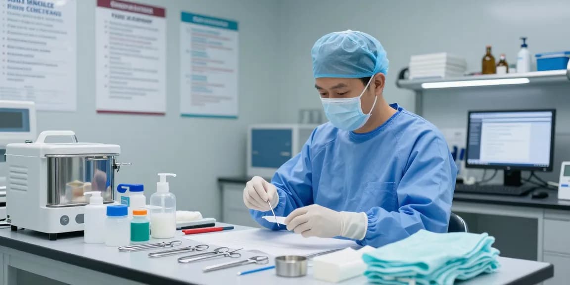 Healthcare professional wearing medical gloves while inspecting sterile supplies in a clinical lab.