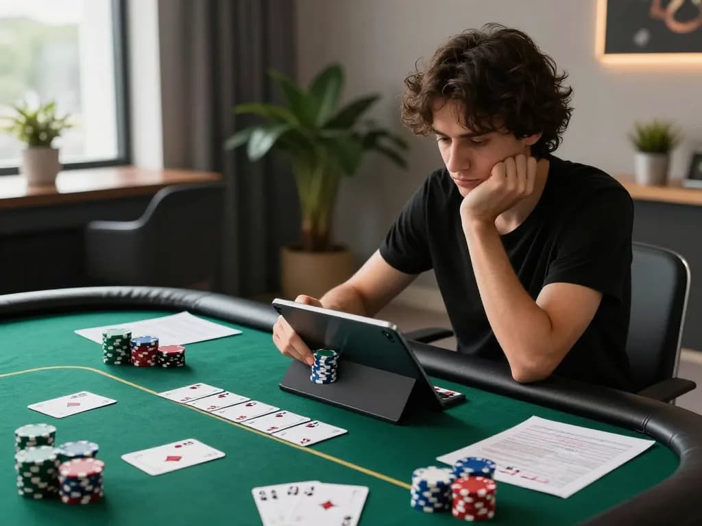 Player engaging with ee88go on a tablet during an intense online poker session, surrounded by chips and strategy notes.