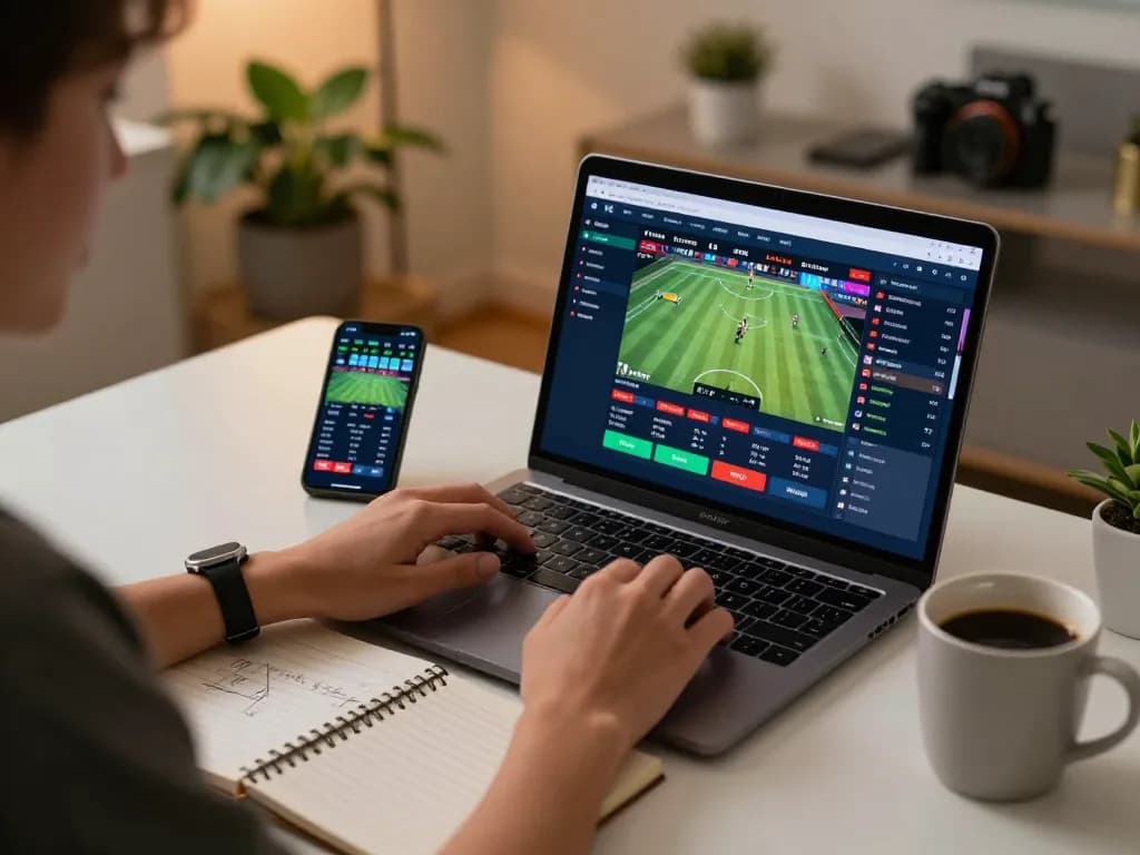Engaging online sports betting scene showing keonhacai strategies on laptop.