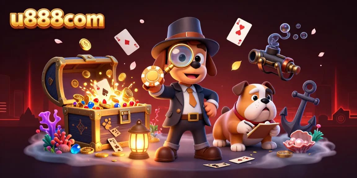 Engage in thrilling gameplay at u888com, featuring a detective exploring clues, gold coins, and vibrant game elements.
