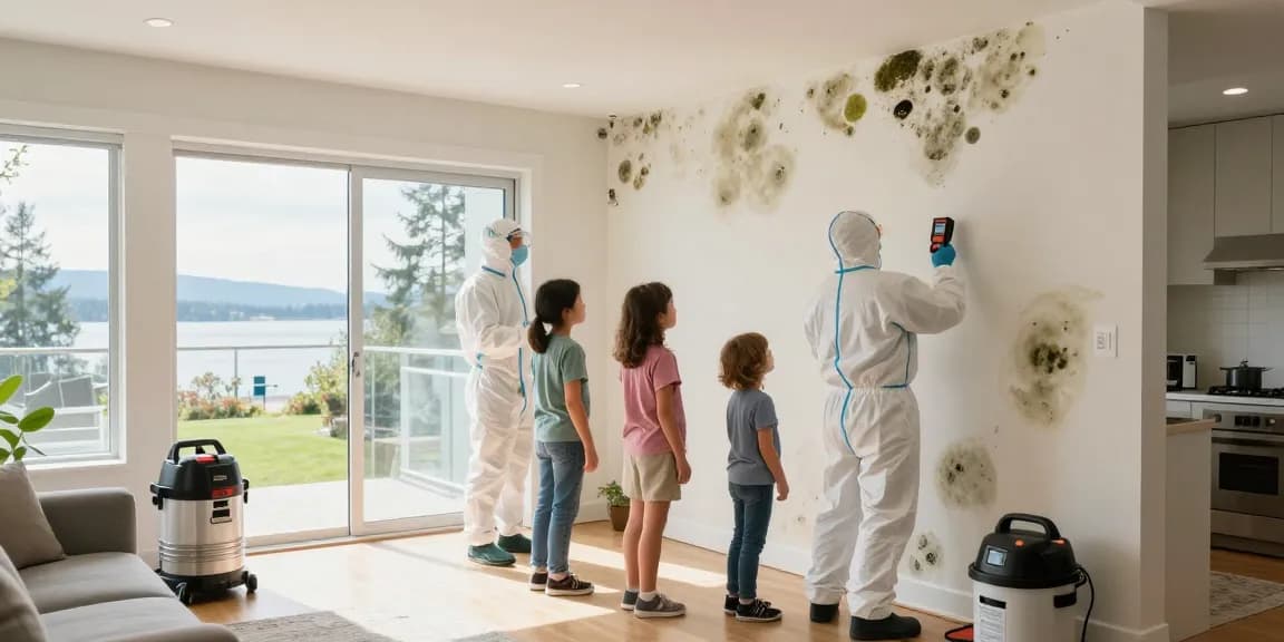 Mold Remediation Vancouver: Family inspecting mold-affected area with technician using HEPA filters and moisture meters in their home
