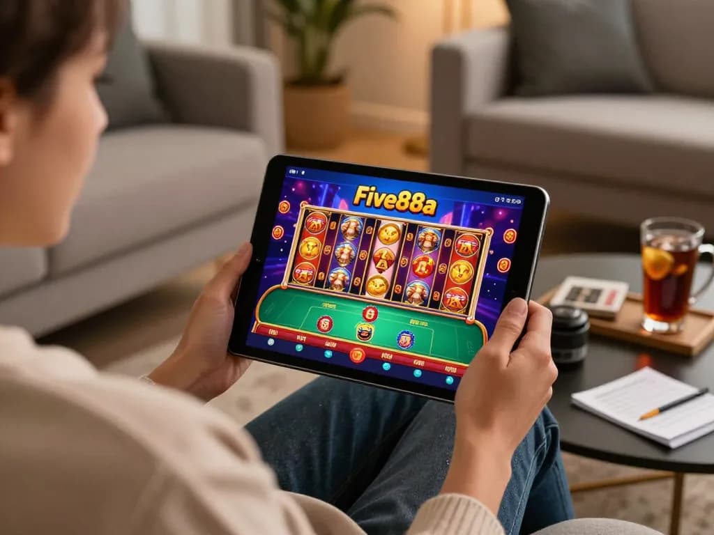 Engaging with five88a online casino app on tablet during comfortable home gaming.