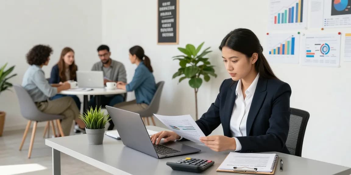 Accountant providing accounting services for small business in a bright office.