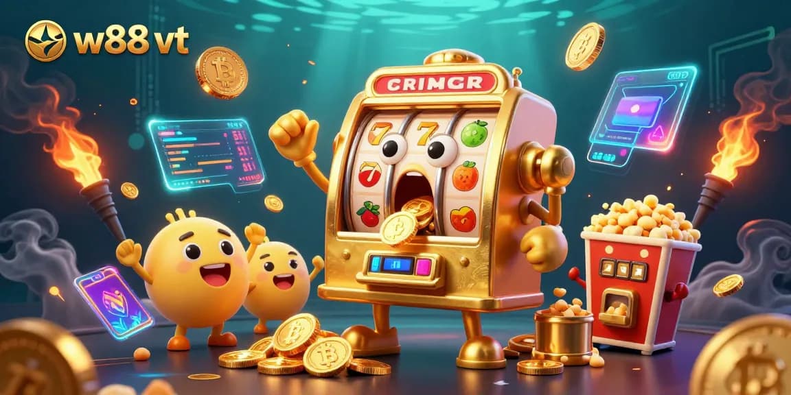 Có một máy slot vàng tại w88 vt nhận thưởng lớn, các biểu tượng trúng giải và tiền từ trên rơi xuống.
