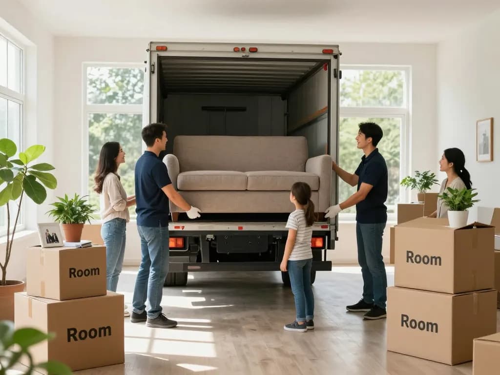 Zuverlässiges Umzugsunternehmen Hannover-Team packt effizient ein Wohnzimmer für einen stressfreien Umzug.