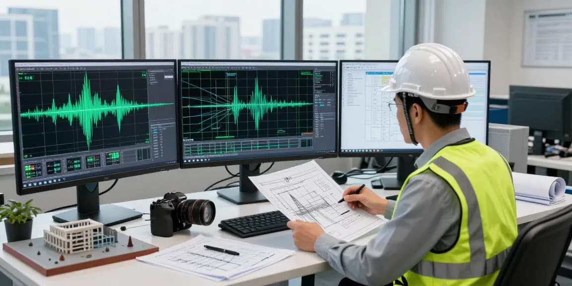 Seismic Design Engineer USA reviewing dynamic simulations and blueprints in a professional office for commercial building safety compliance.