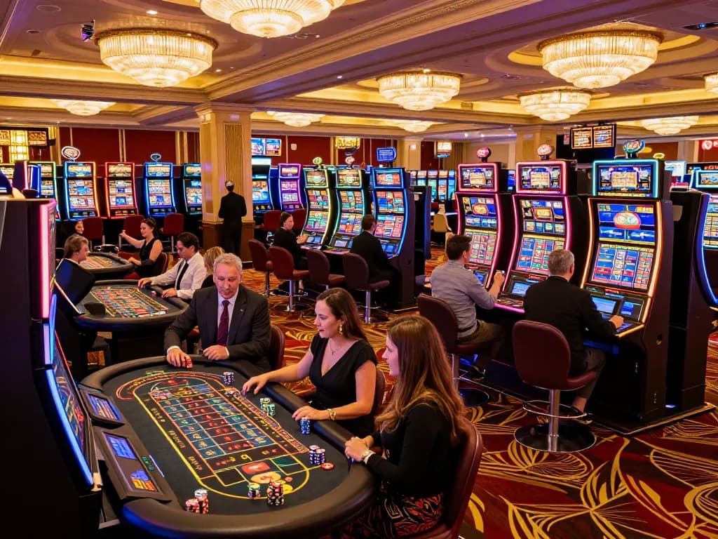 Players enjoying a thrilling experience in a lively casino atmosphere at say88 with colorful slot machines and vibrant décor.