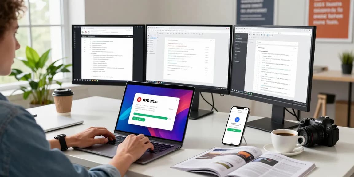 WPS Download progress on a laptop in a modern workspace, showcasing productivity and technology.