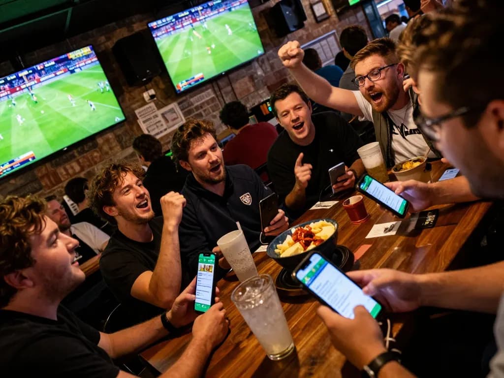 Socolive users engaging in live soccer betting at a vibrant sports bar with mobile apps