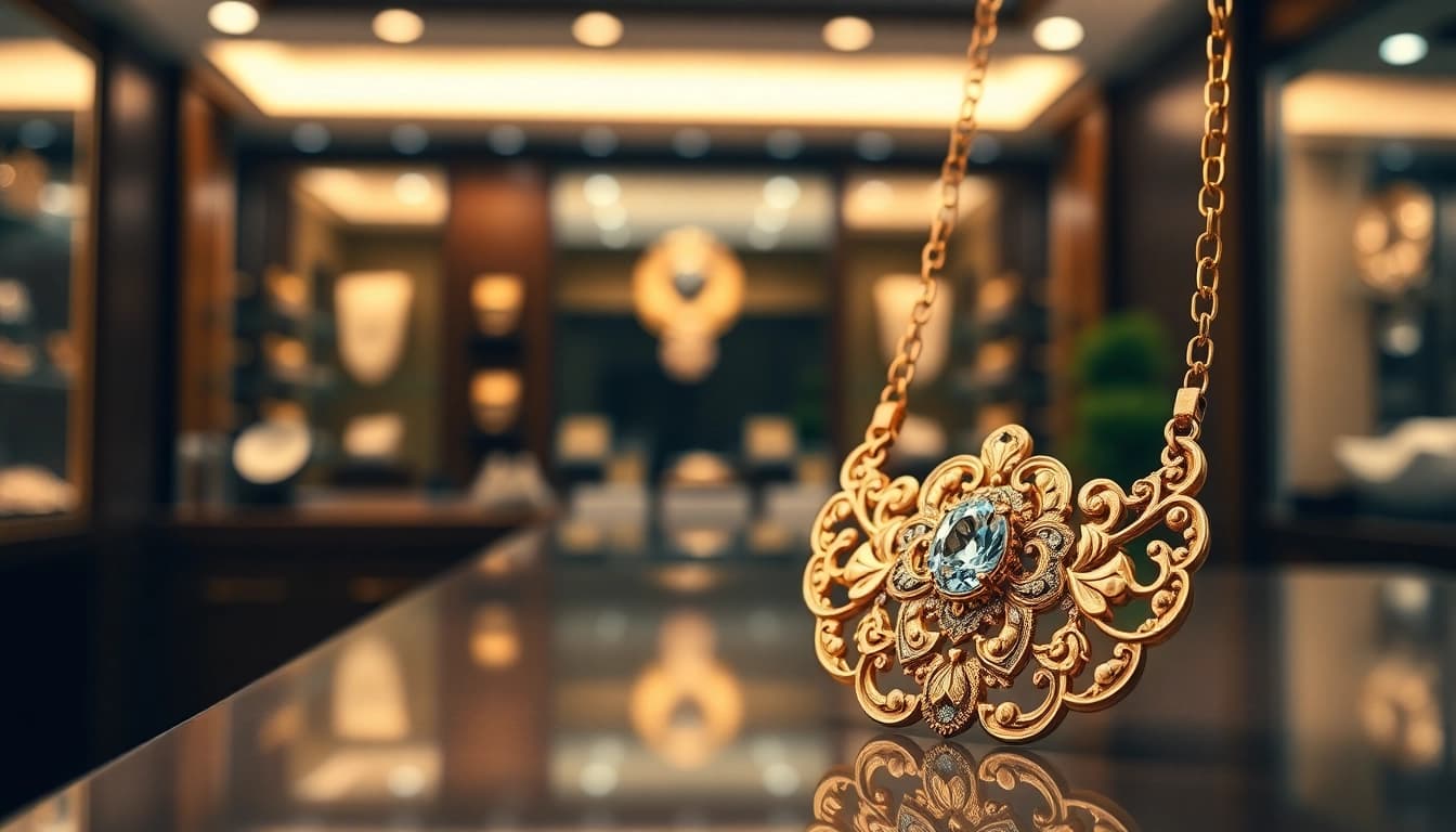 Admiring a radiant gold necklace with intricate details and gemstone in a luxurious setting.