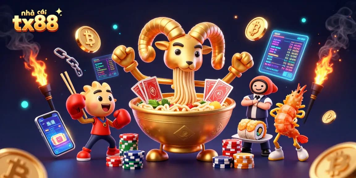 Engaging illustration of nhà cái tx88 featuring a giant ramen bowl with noodle arms and crypto elements