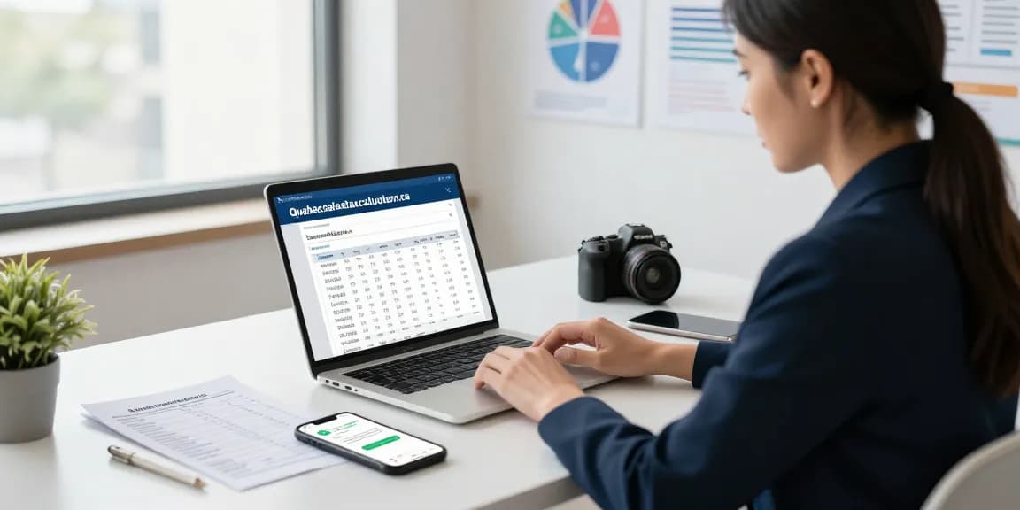 Office scene featuring a businesswoman using quebecsalestaxcalculator.ca to analyze sales tax calculations in a modern workspace.