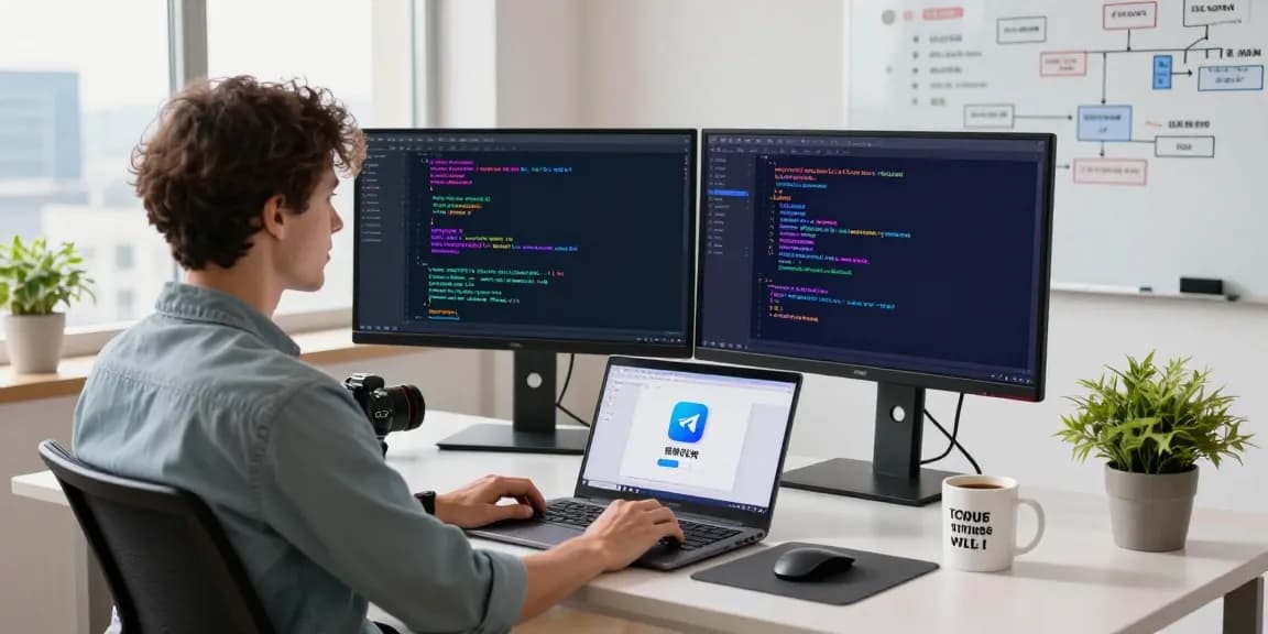 Developer applying Telegram Chinese translations in a modern workspace
