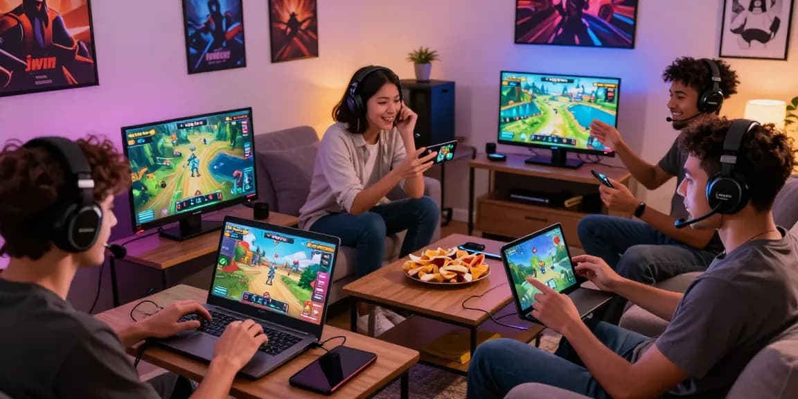 Exciting scene of diverse players enjoying interactive iwin online games together in a cozy living room.