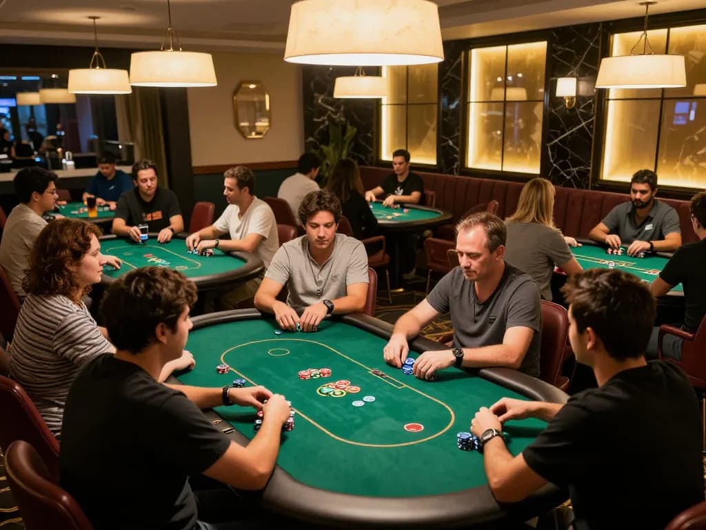Vin88 poker players engaged in a competitive game, showcasing strategic play and a vibrant atmosphere.
