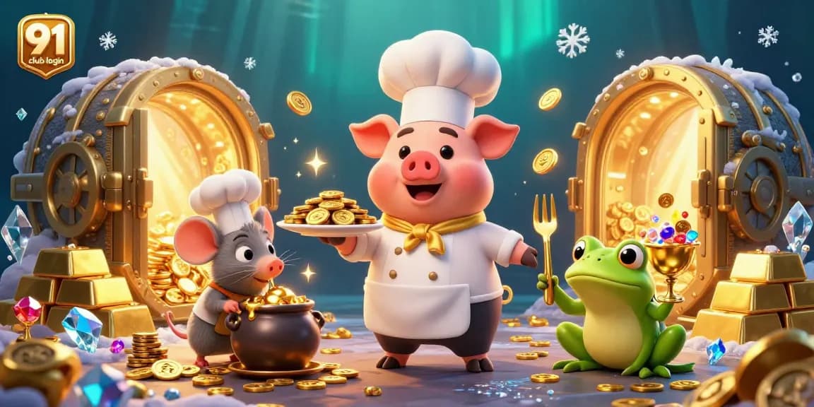 Gaining access to 91 club login while surrounded by sparkling gold coins and treasures.