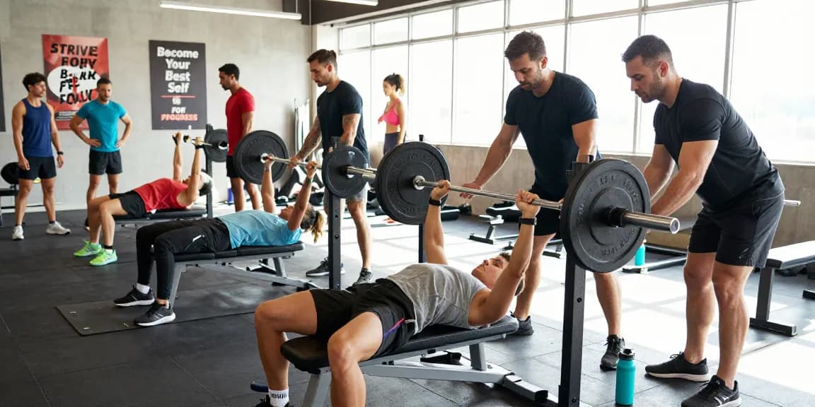 Dynamische Trainingsszene im Anabolika Shop Deutschland Fitnessstudio, die verschiedene Athleten bei Fitnessaktivitäten zeigt.