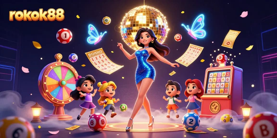 Experience vibrant excitement at rokok88 with a dazzling casino scene filled with lottery balls and prizes.