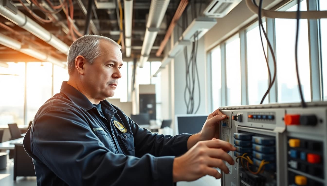 Commercial electrician Vancouver expertly working on electrical systems in a modern office.