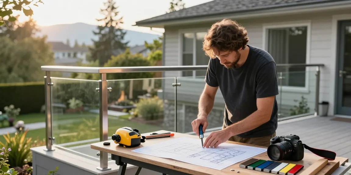 Custom railing construction on a modern deck in Vancouver, showcasing skilled craftsmanship and quality materials.