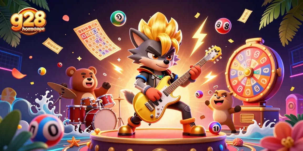 Engage with vibrant gaming action on g28 homepage featuring a rock star wolf and bear drummer.