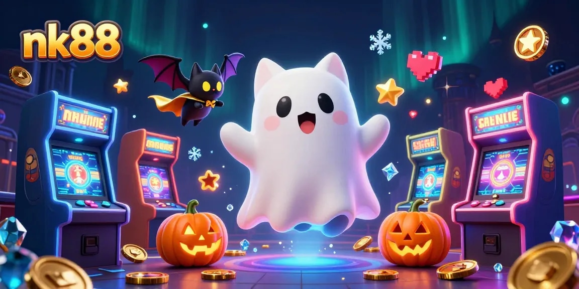 Engage with nk88's vibrant gambling world through an animated scene of a friendly ghost cat and vampire bat.
